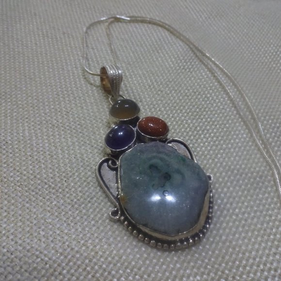 Unique "GREEN SOLAR AGATE, GOLD SUNSTONE, AMETHYST" Handmade Sterling Necklace - Picture 2 of 3